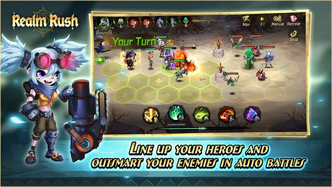 Line up your heroes and outsmart your enemies in auto battles.